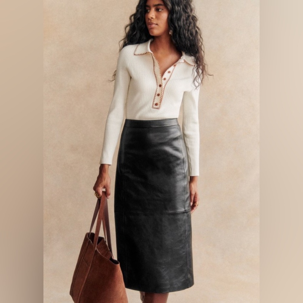 Sézane Magalia black leather midi skirt 38/6